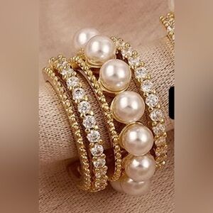 Gold silver crystal & peal huggie earrings